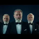 Bond Darsteller in klassischer 007-Pose mit Martini und schwarzem Anzug
